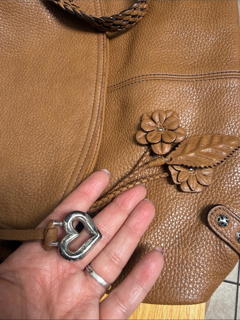 Brighton Tan Pebbled Leather Shoulder Bag with Floral Tassel - Picture 15 of 17